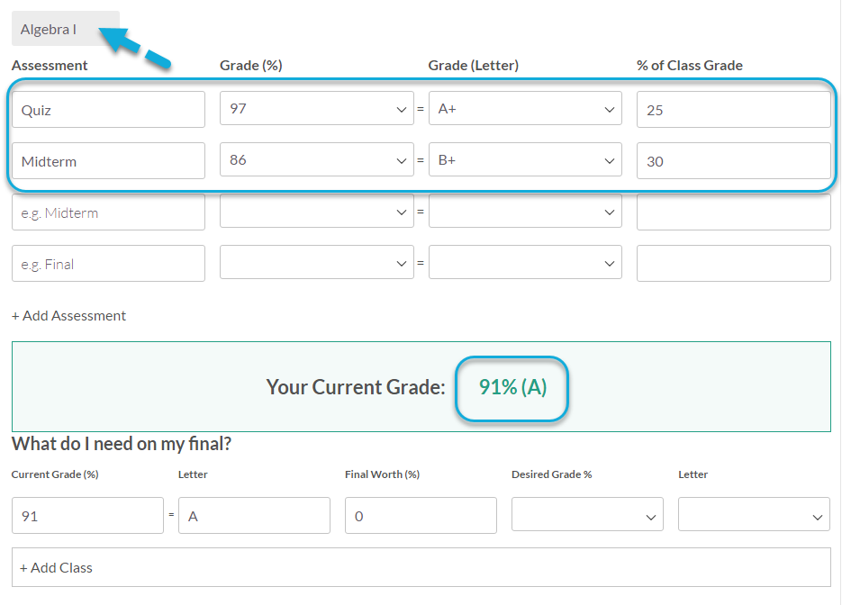 Grade Calculator Step 1 - Enter Grades