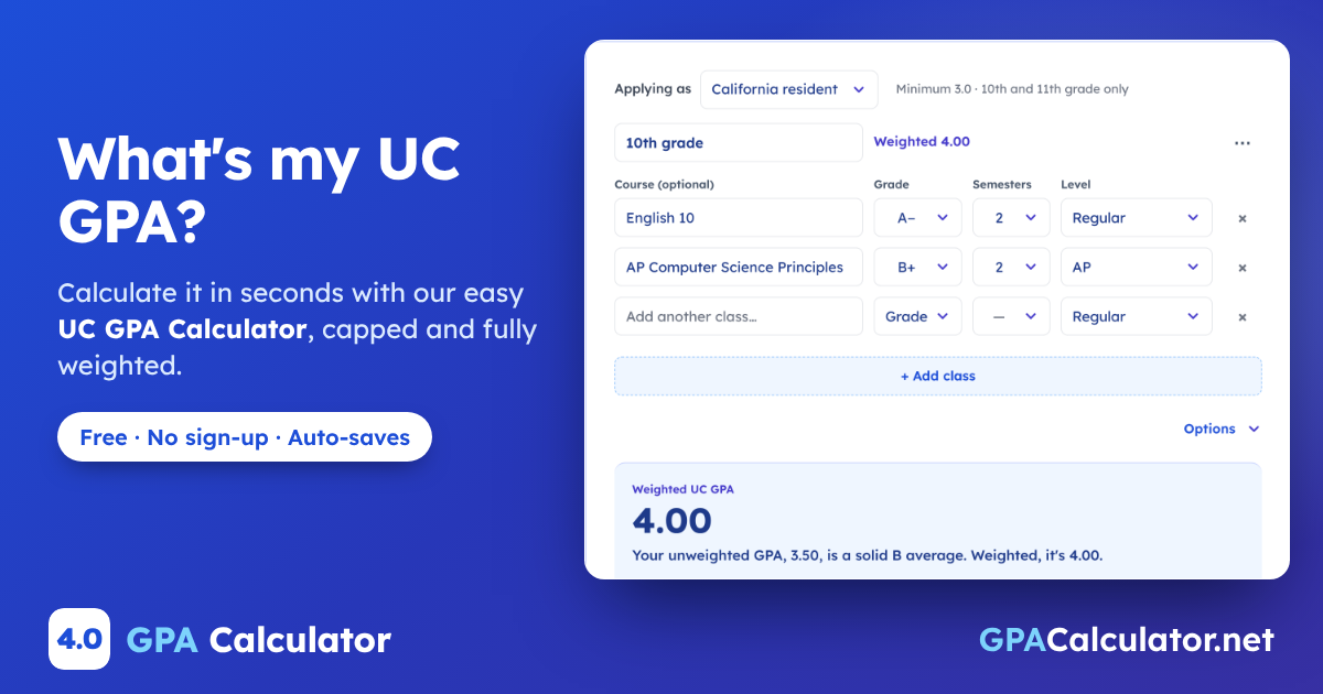 What's my UC GPA? UC GPA Calculator on GPACalculator.net, with a worked example